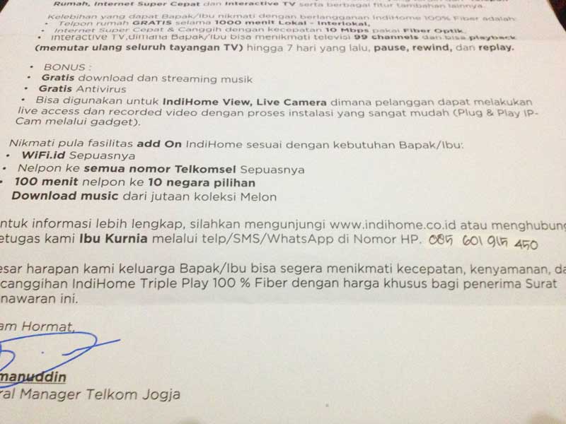 Surat pemberitahuan dari Telkom beserta informasi kontaknya 